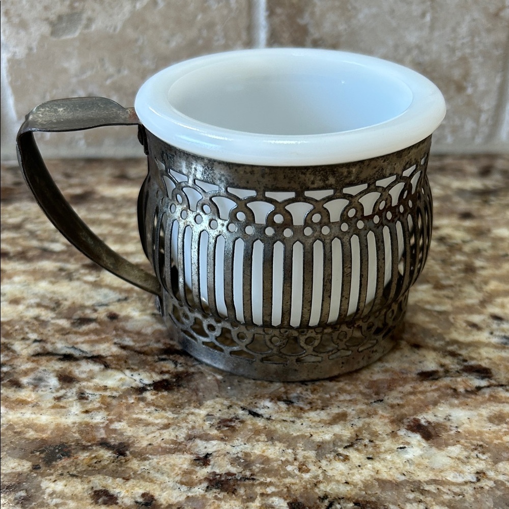 Vintage silver plated milk glass shaving mug